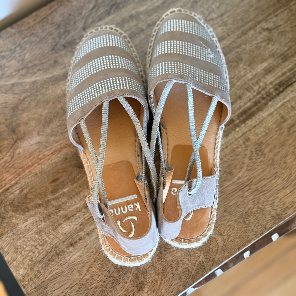 Kanna Espadrille Sandals Women 39 Taupe Suede Rhinestone Studded Slingback Spain - Picture 6 of 8